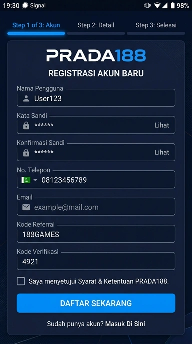 Tampilan halaman daftar prada188